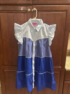 Baby Pink Color block Button Front Dress in Blue Hues